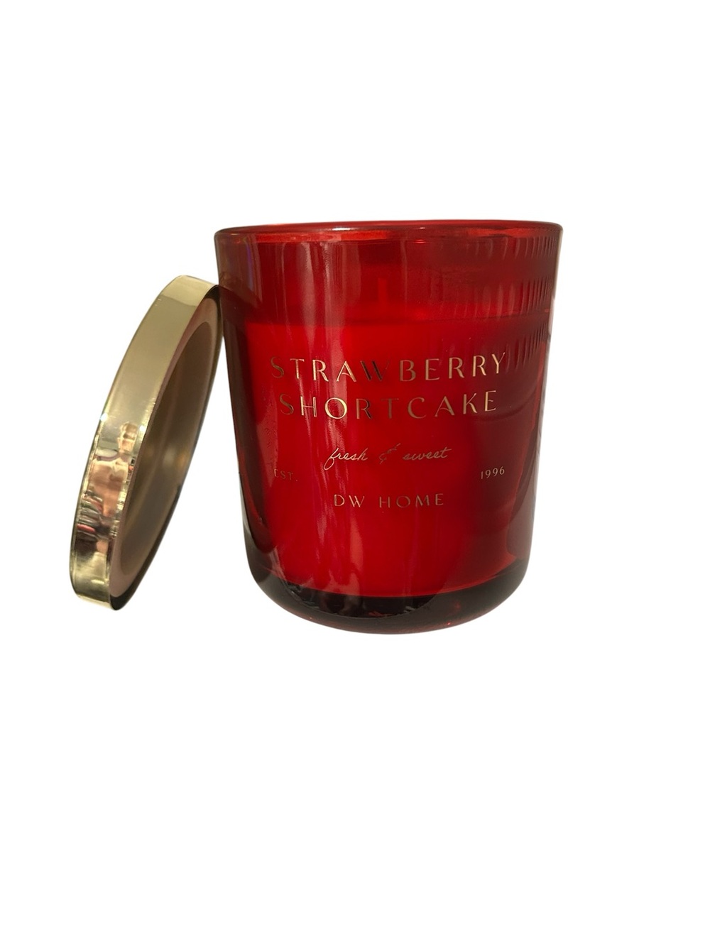 DW Home Strawberry Shortcake Candle in Red Glass with Gold Lid
